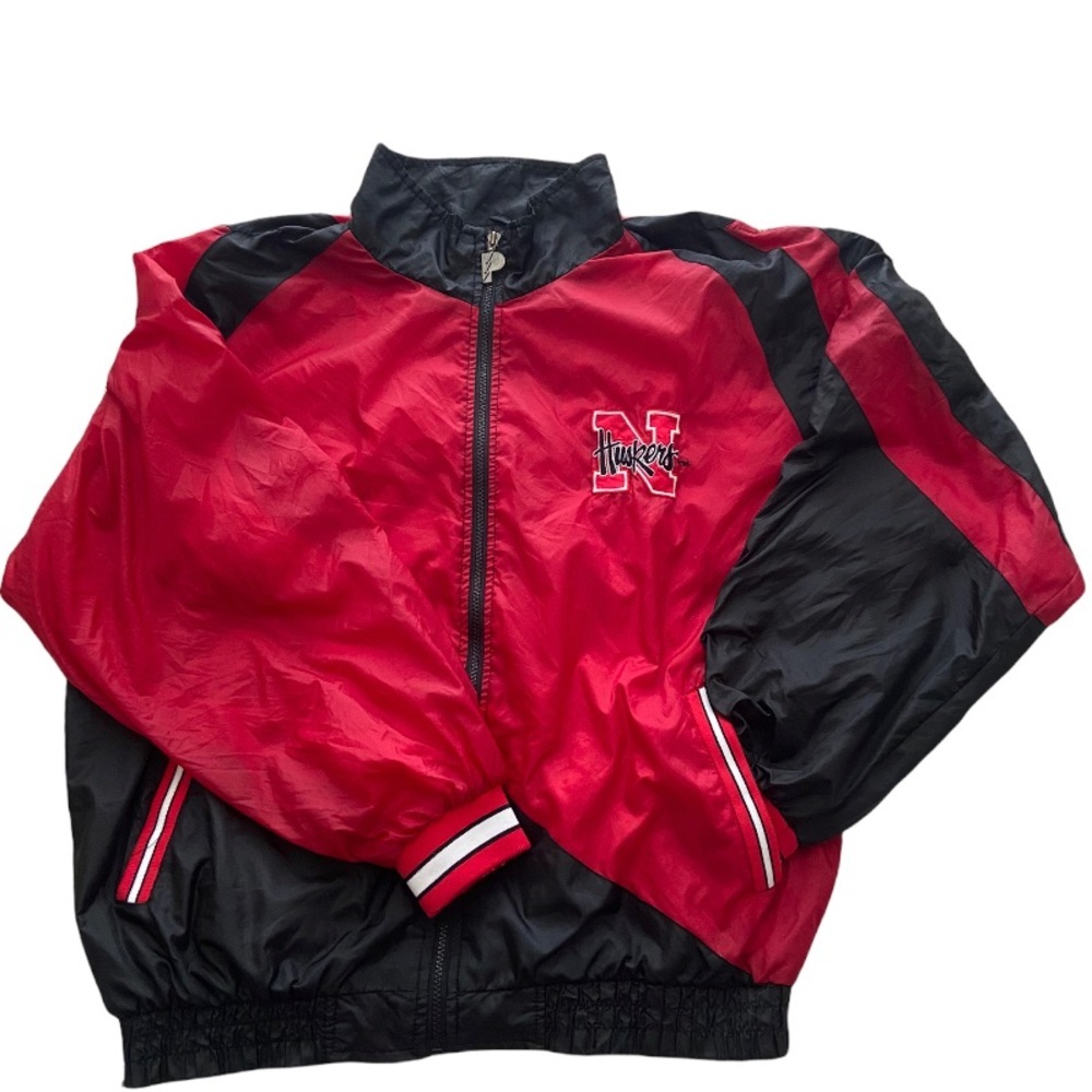 Vintage Nebraska Huskers Football Zip Up Windbreaker Jacket Size XL Red